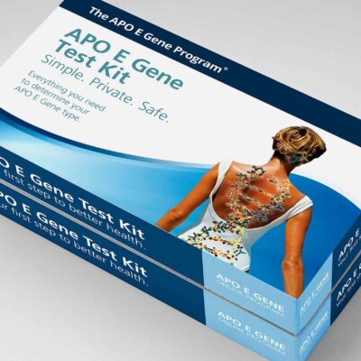 Box of apo e gene test kit with an image of a woman showing her spine and mapped genes on it, angled on a white surface.