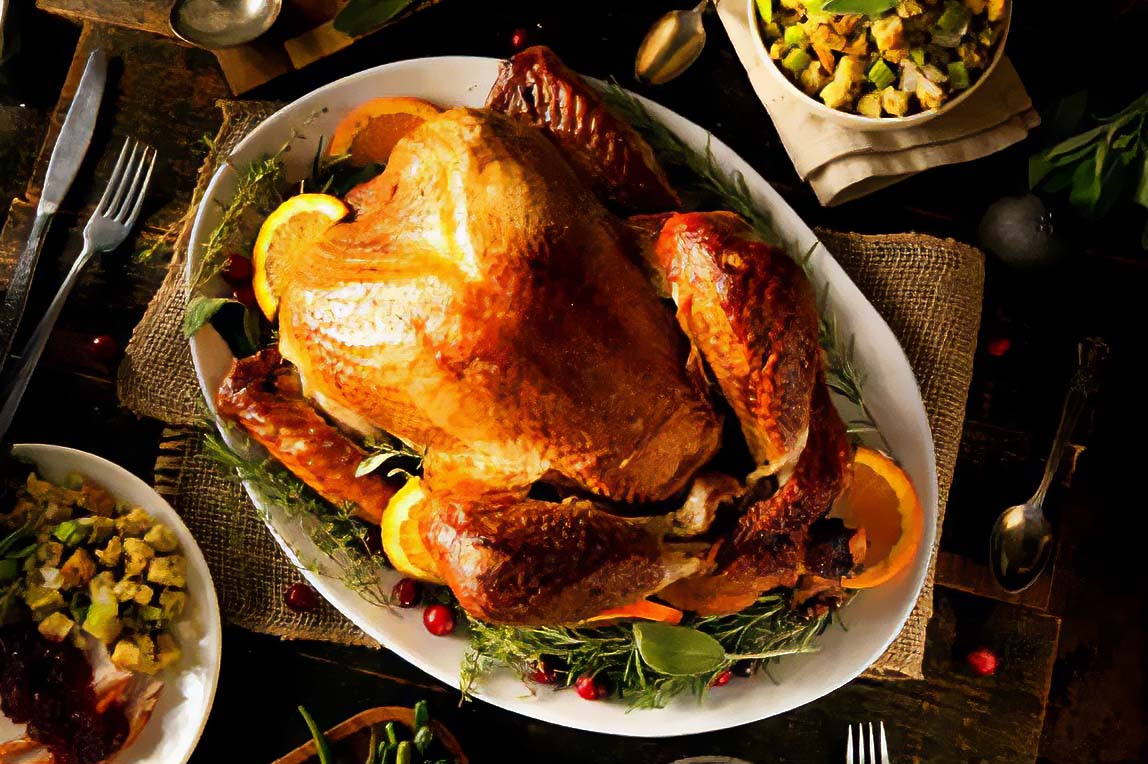 Roasted turkey on a platter garnished with orange slices and herbs, surrounded by side dishes on a festively decorated table.