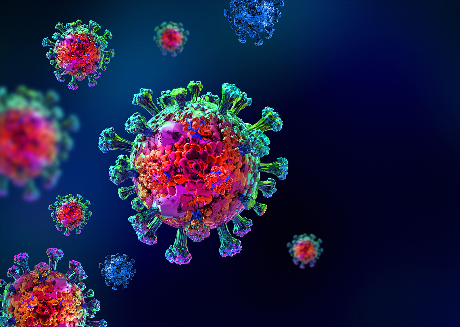 Detailed illustration of colorful coronavirus particles with spike proteins on a dark blue background.