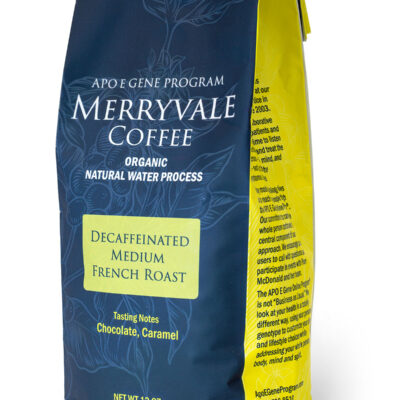 A blue bag of merryvale coffee, decaffeinated using a natural water process, in french medium roast with flavor notes of chocolate and caramel.