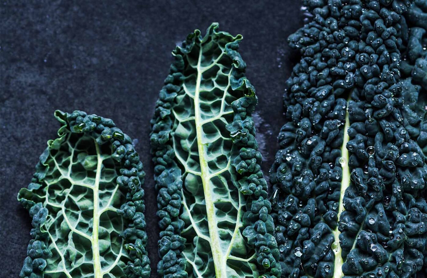 Close-up of vibrant green kale leaves with curly and textured surfaces on a dark background.